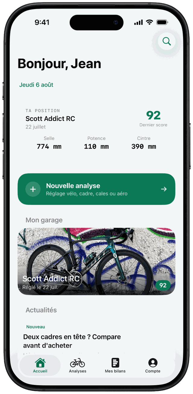 Accueil de l'app FramIQ : position actuelle, garage et analyses
