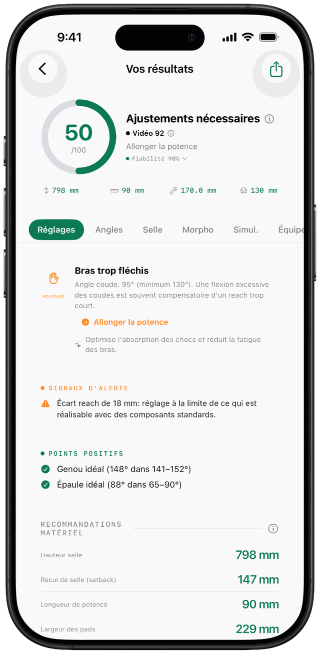 Écran de résultats FramIQ : hauteur de selle, potence, angles articulaires