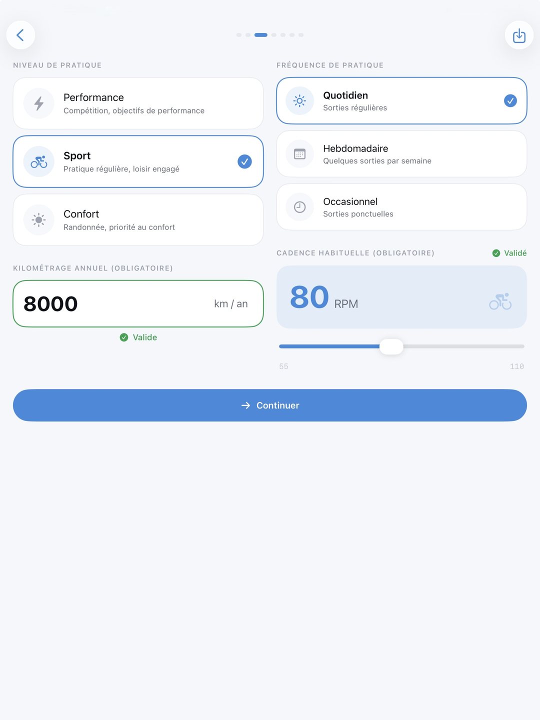 FramIQ Pro sur iPad : choix du niveau de pratique, de la fréquence, du kilométrage annuel et de la cadence habituelle