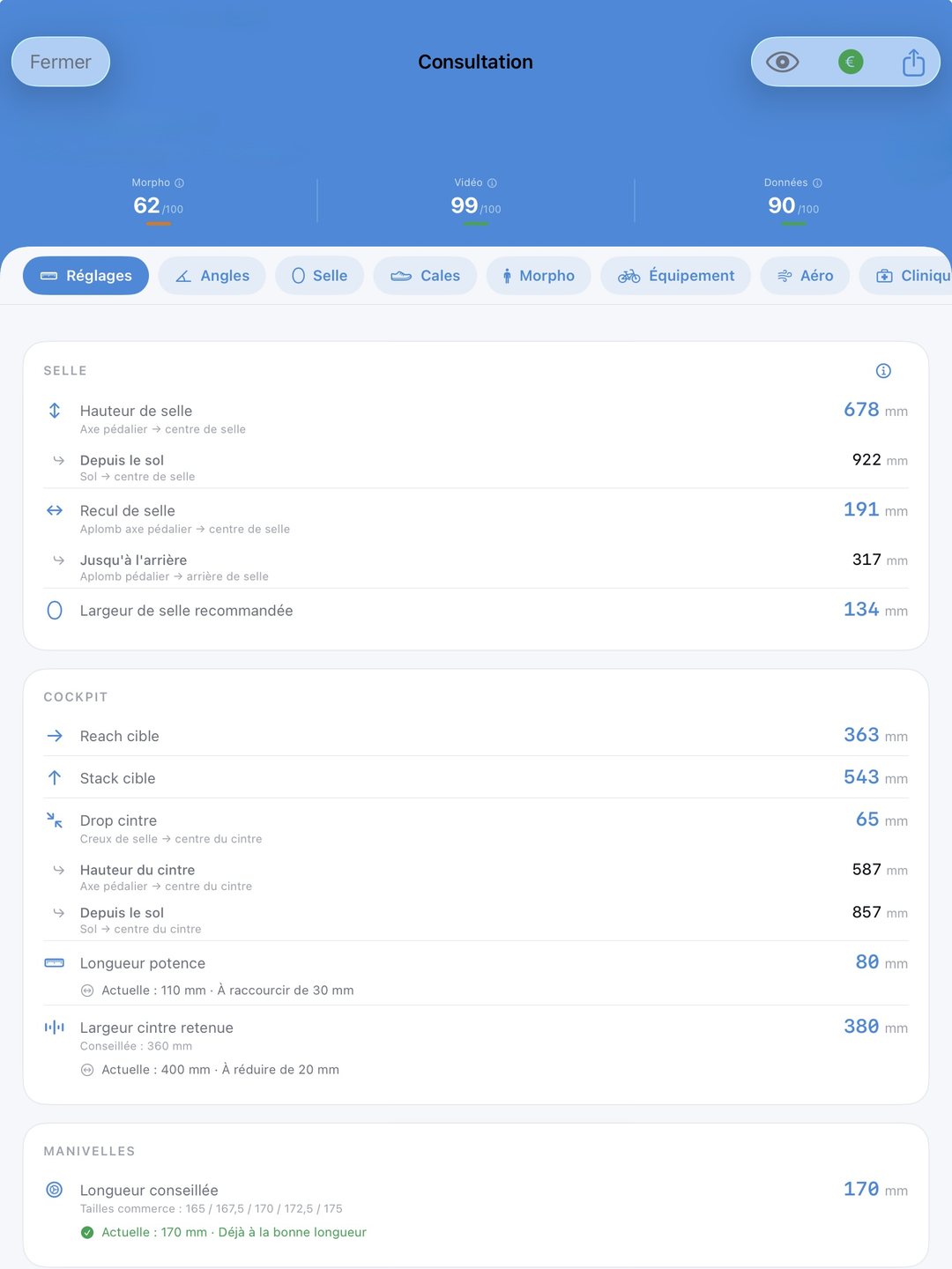 FramIQ Pro sur iPad : résultats de la consultation, hauteur et recul de selle, reach et stack cibles, longueur de potence et de manivelles